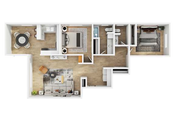 A floor plan of a house with a kitchen, living room, and bedrooms.
