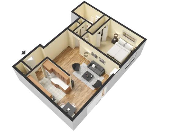 the illustration of the bedroom with a bathroom and a living room