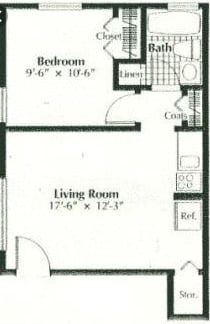 floor plan of a small house with a living room and a bedroom