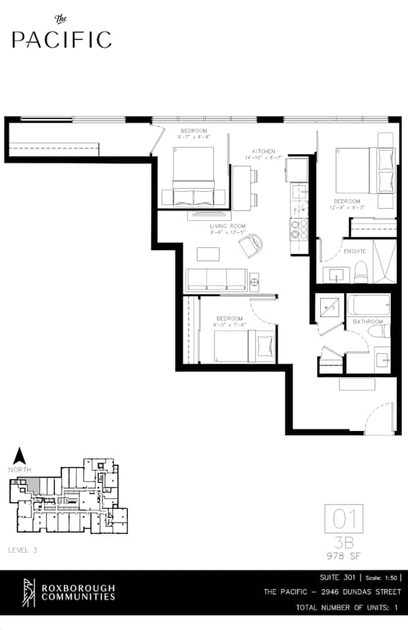A floor plan for a suite at The Pacific shows a living room, dining room, kitchen, and two bedrooms.
