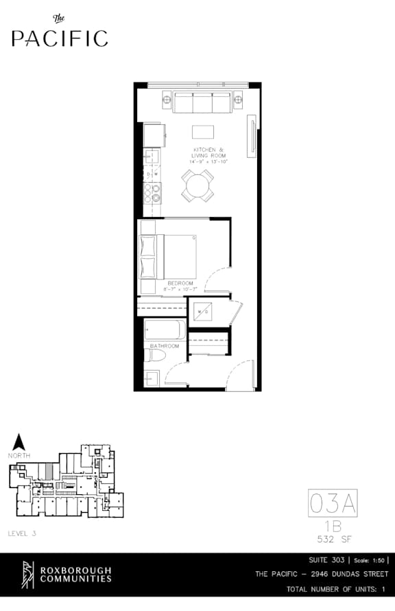 A floor plan for a one-bedroom, one-bathroom apartment at The Pacific in Roxborough Communities.