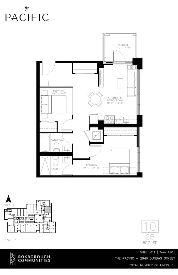 A floor plan for a one-bedroom apartment at The Pacific.