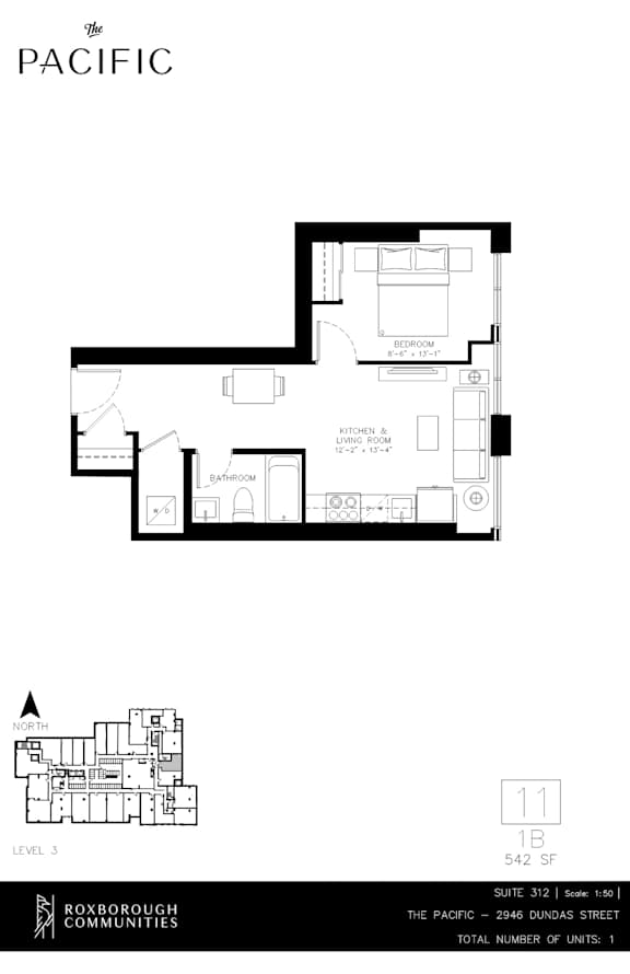 A floor plan for a property at The Pacific shows a layout with a kitchen, living room, and two bedrooms.