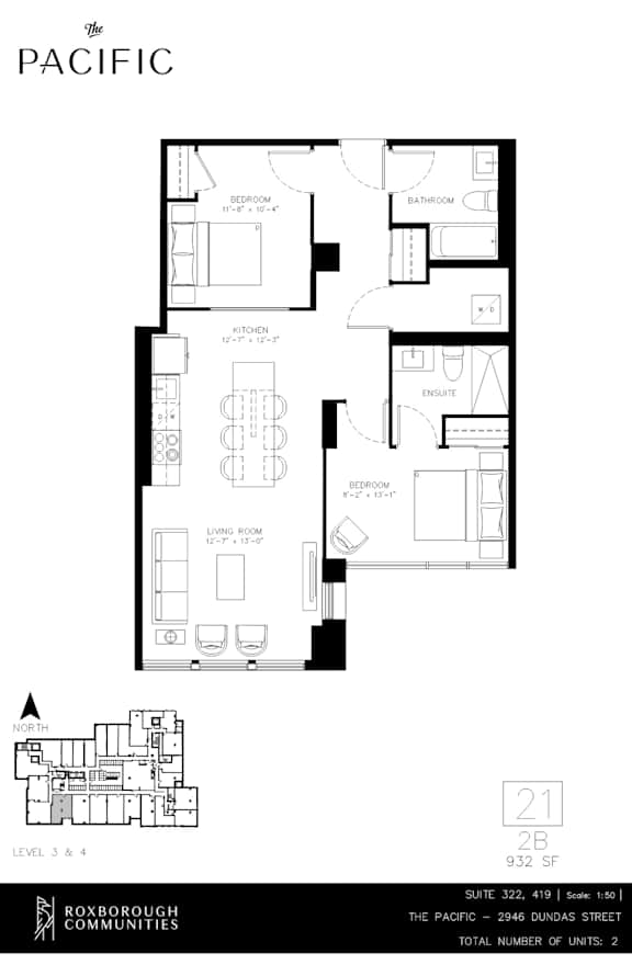 A floor plan for a two-bedroom apartment at The Pacific.