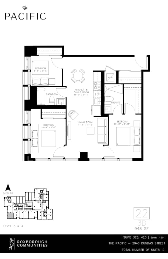 A floor plan for a two-bedroom apartment at The Pacific.