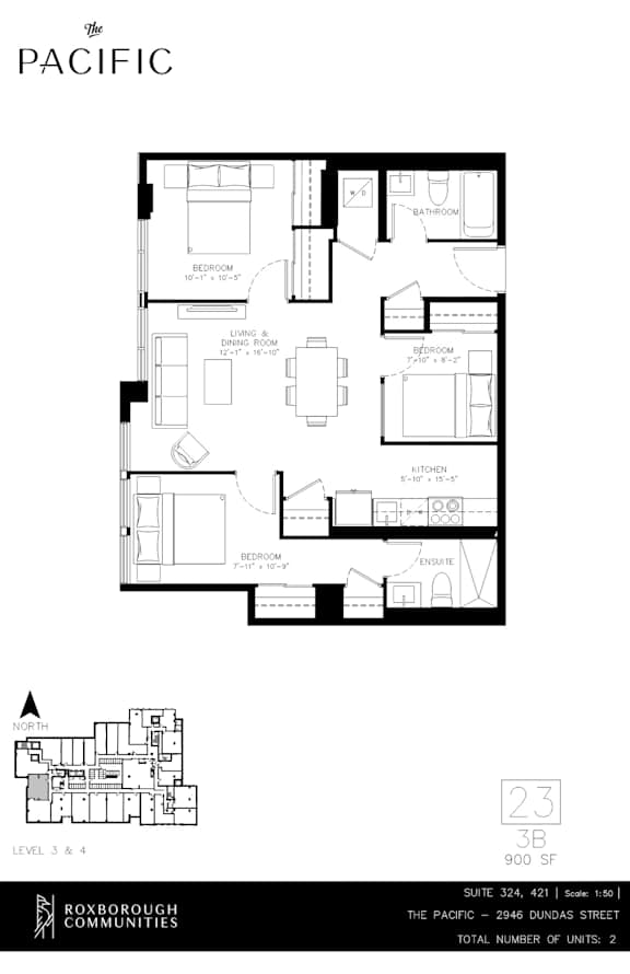 A floor plan for a Pacific building shows two bedrooms and two bathrooms.