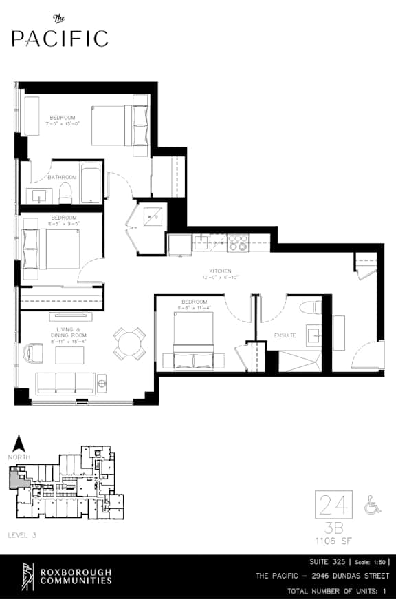 A floor plan for a property called The Pacific is shown with one bedroom, one bathroom, and a living and dining room area.