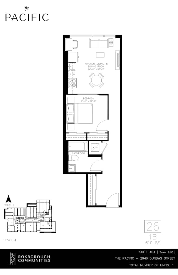 A floor plan for a building at 26 1B shows a single unit with a kitchen, living room, dining room, and bathroom.