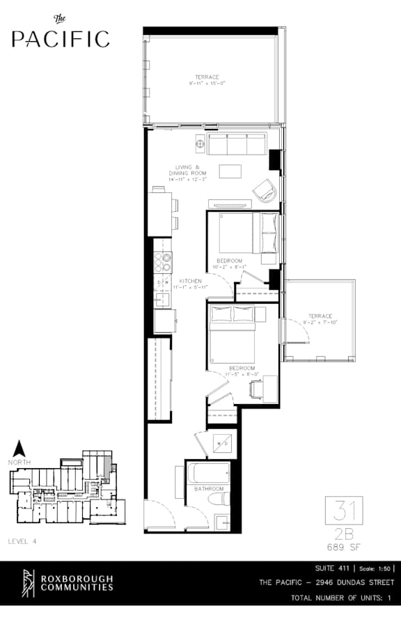A floor plan for an apartment at The Pacific, showing a living room, dining room, kitchen, terrace, and bathroom.