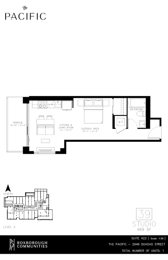 A floor plan for a studio apartment at the Pacific.
