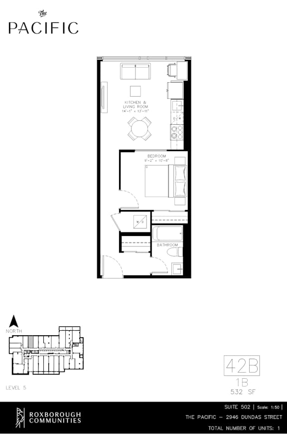 A floor plan for a one-bedroom apartment at The Pacific.
