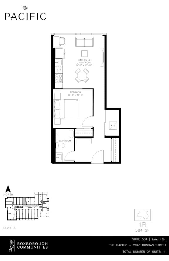 A floor plan for a one-bedroom apartment at The Pacific.