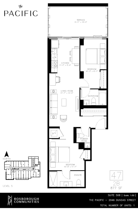 A floor plan for a property at 47 2B, 877 SBS, North 140, The Pacific, Roxborough Communities.