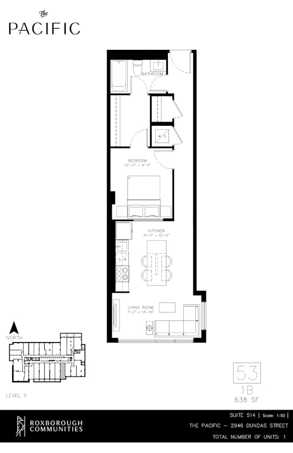 A floor plan for a building called The Pacific is shown with one bedroom and one bathroom on the top floor, two bedrooms and one bathroom on the second floor, and a living room, dining room, kitchen, and two bed