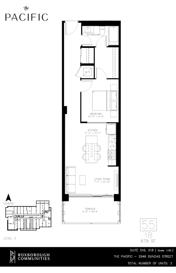 A floor plan for a building called The Pacific is shown with two bedrooms and two bathrooms.