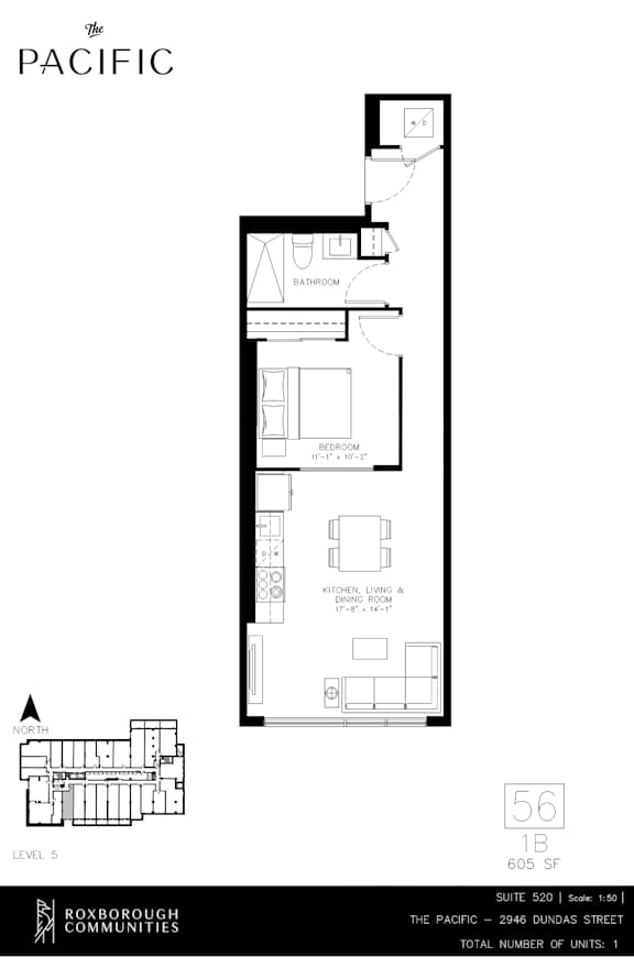 A floor plan for a property at 56 1B shows a kitchen, living room, dining room, and bathroom.