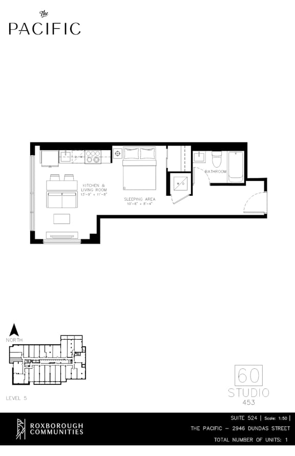 A floor plan for a studio apartment at the Pacific on 60th street.