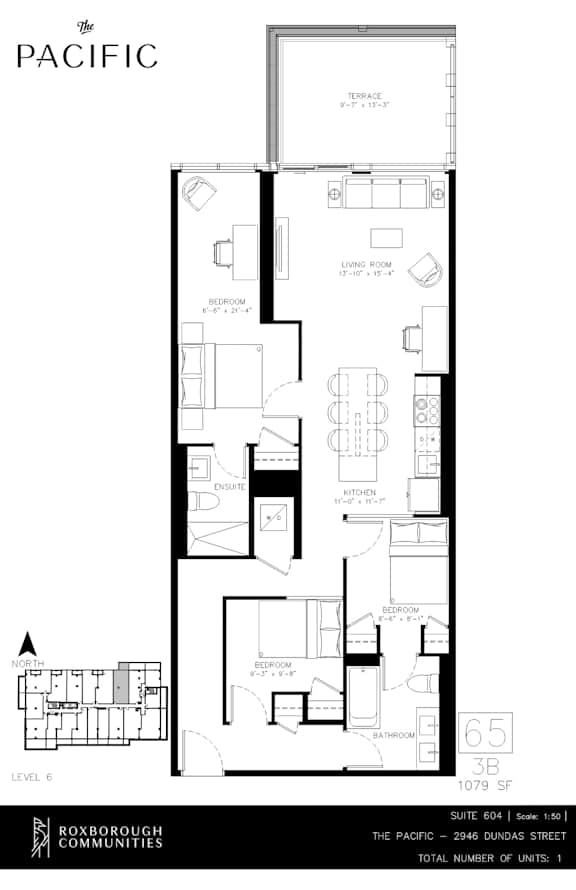 A floor plan for a property at The Pacific shows a layout with a living room, dining room, kitchen, and two bedrooms.