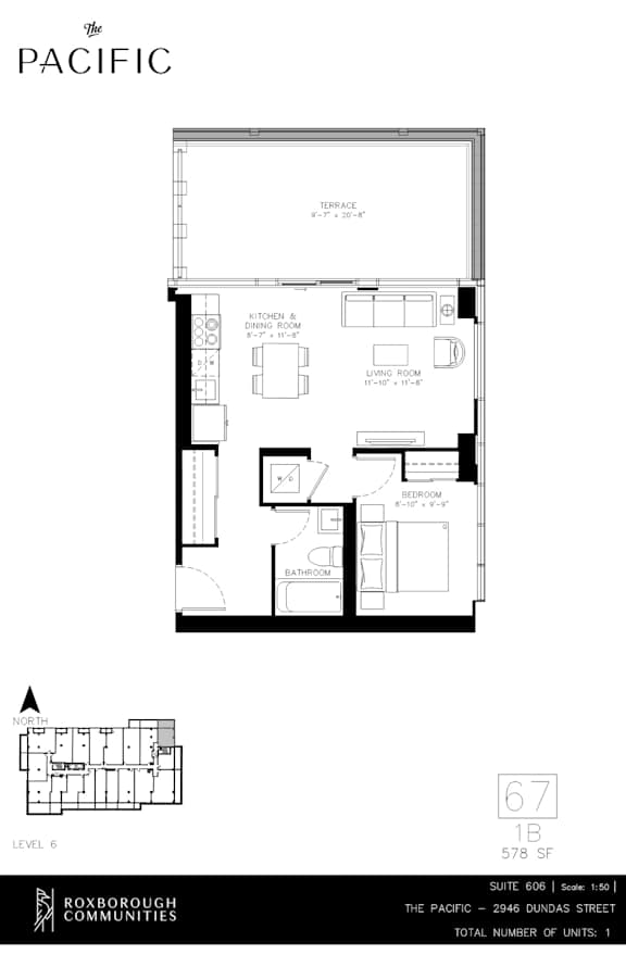 A floor plan for a one-bedroom apartment at The Pacific.