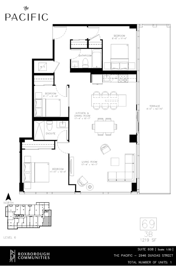 A floor plan for a property at The Pacific shows a layout with a kitchen, dining area, and multiple bedrooms.