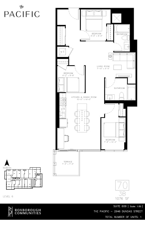 A floor plan for a building named The Pacific is shown with one bedroom and one bathroom on the first floor.