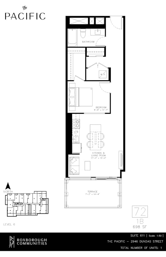 A floor plan for a building at 72 1B shows a layout with a kitchen, dining room, and bathroom.