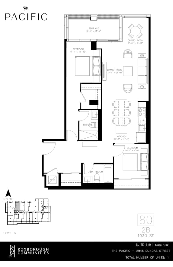 A 2 bedroom 2 bath floor plan for a property located at The Pacific, 2946 Dundas Street West