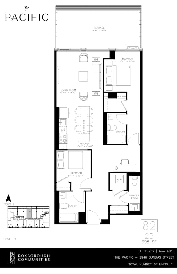 A floor plan for a 2 bedroom apartment at The Pacific.