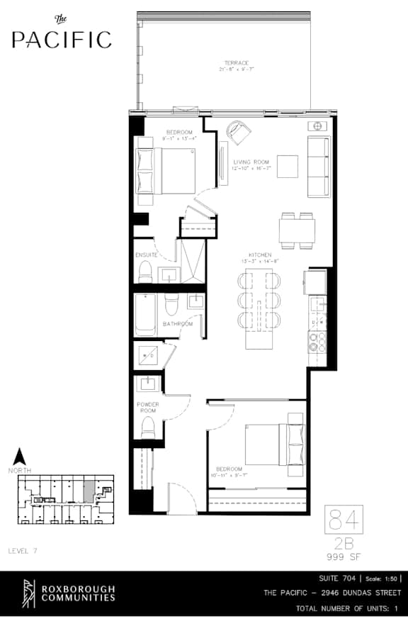 A floor plan for a property at The Pacific shows a layout with a living room, dining room, kitchen, and bathrooms.