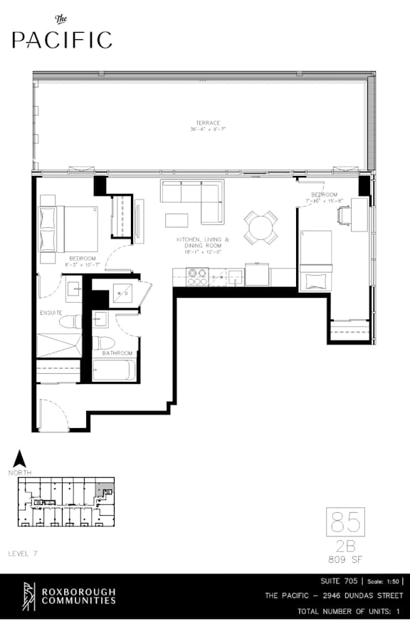 A 2 bedroom 2 bath floor plan for a property located at The Pacific, 2946 Dundas Street West