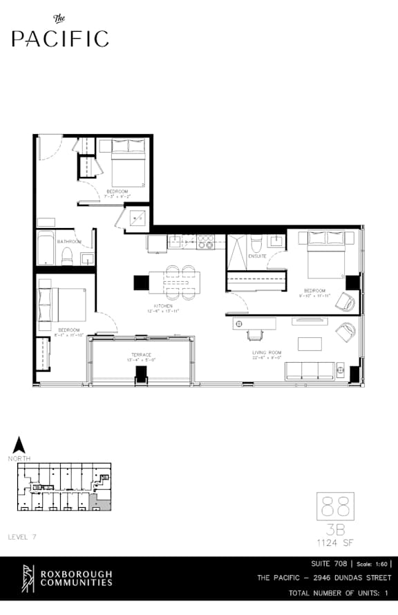 A floor plan for a property called The Pacific shows one bedroom and a living area.