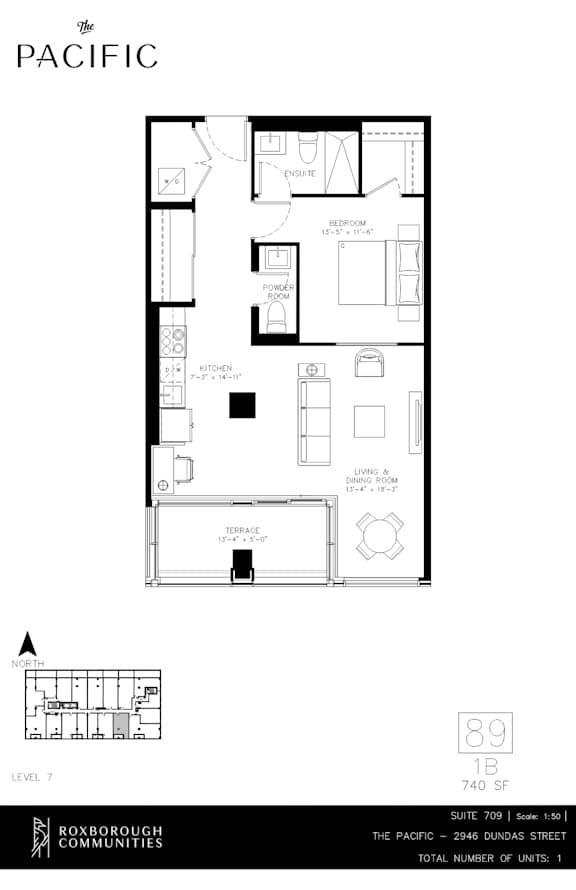 A floor plan for a one-bedroom apartment at The Pacific.