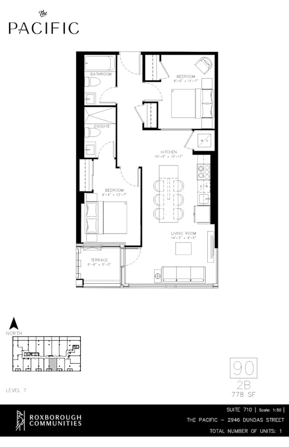 A 2 bedroom 2 bath floor plan for a property located at The Pacific, 2946 Dundas Street West