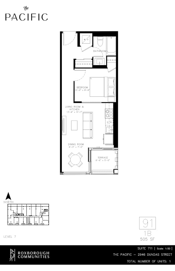 A floor plan for a one bedroom apartment at The Pacific.
