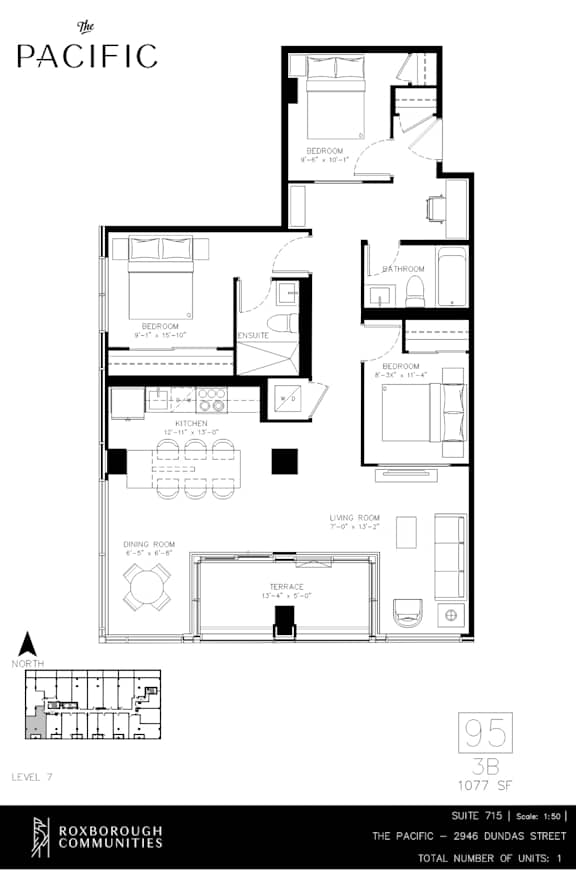 A floor plan for a property at 95 3B, 1077 S Fwy, Roxborough Communities, The Pacific, 2465 Dundas Street.