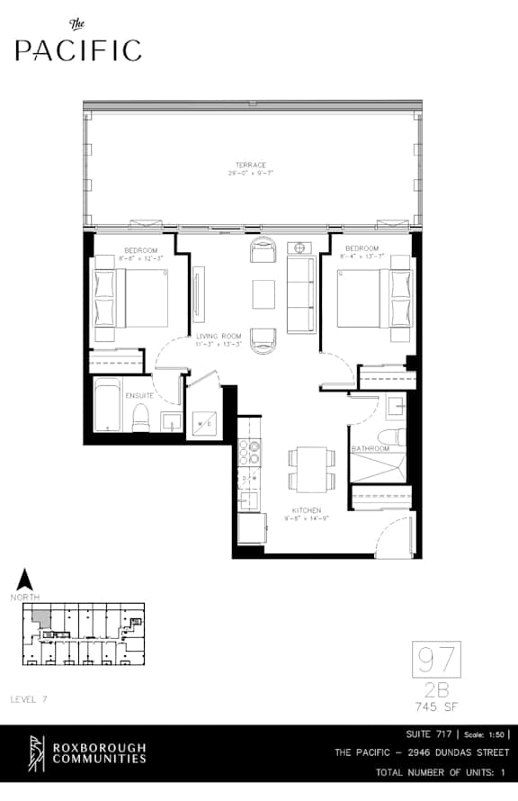 A 2 bedroom 2 bath floor plan for a property located at The Pacific, 2946 Dundas Street West