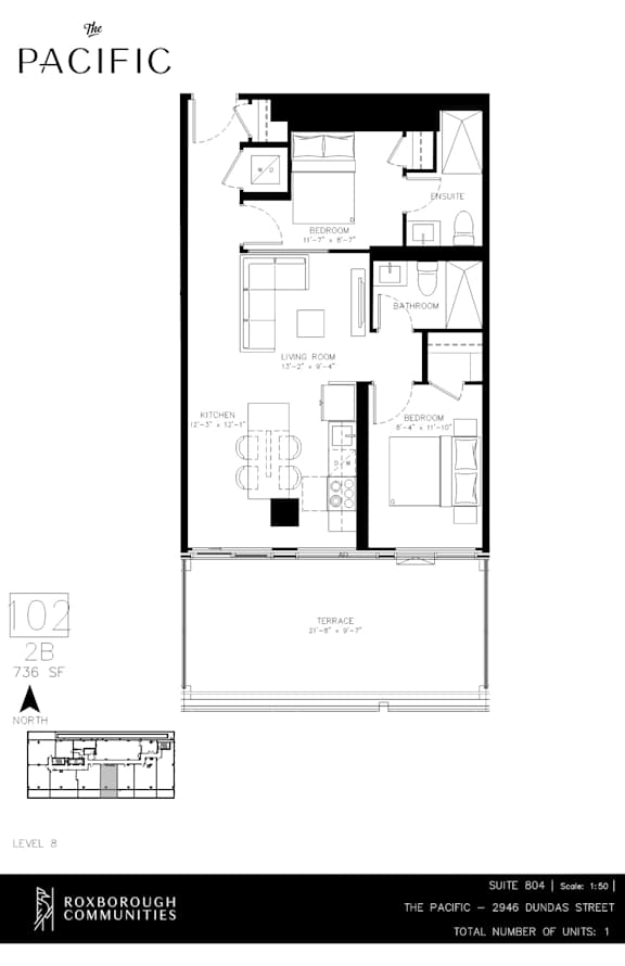 A 2 bedroom 2 bath floor plan for a property located at The Pacific, 2946 Dundas Street West