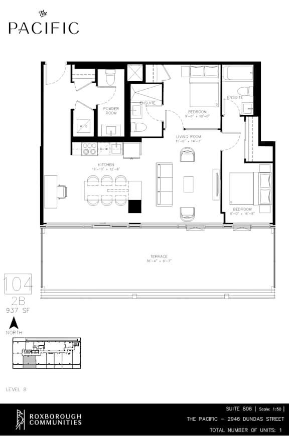 A floor plan for a property at 104 937 SF shows a living room, dining room, kitchen, and two bathrooms.