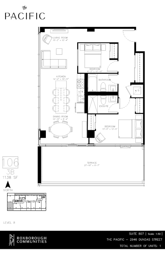 A floor plan for a one-bedroom apartment at The Pacific.