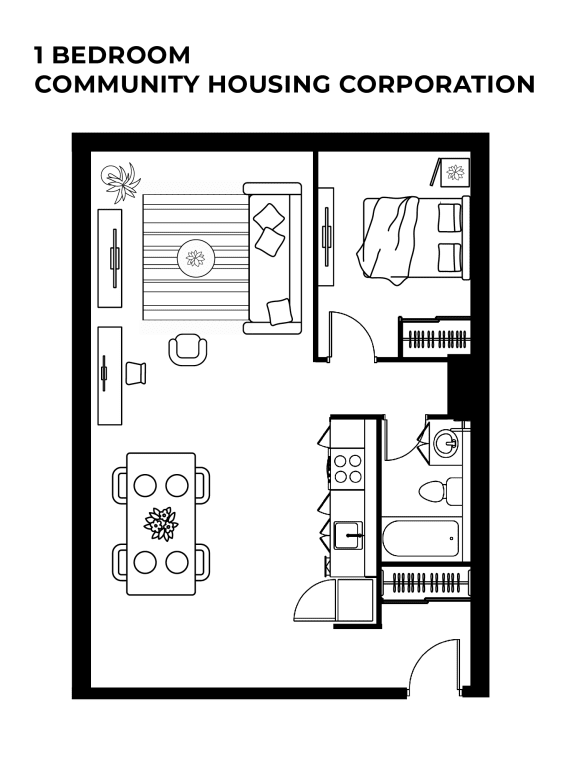 Overhead floor plan one bedroom suite
