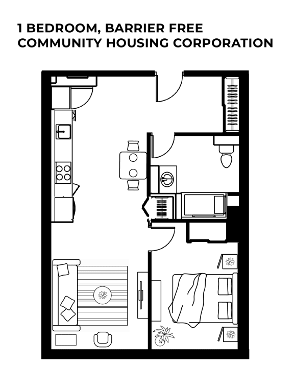 Overhead floor plan one bedroom barrier -free suite