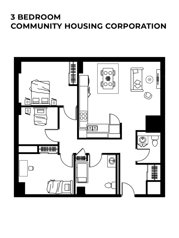 Overhead floor plan three bedroom suite