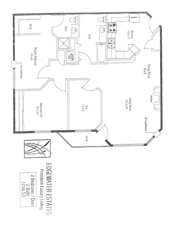 A floor plan for the Edgewater Estates shows a two-bedroom/two-bathroom living space.