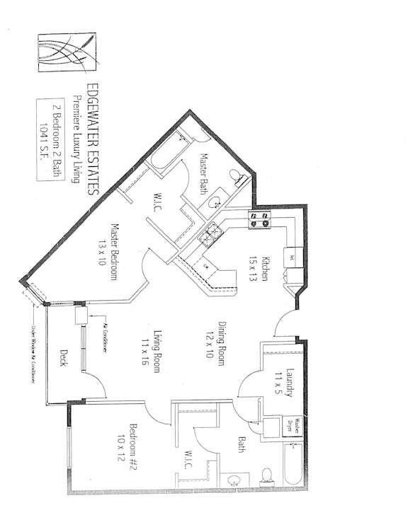 A floor plan of a two bedroom, two bathroom apartment.