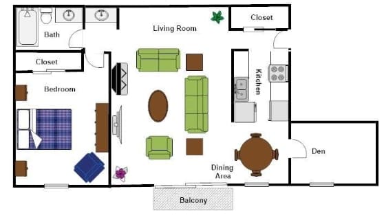A floor plan of a house with a living room, dining area, kitchen, and two bedrooms.