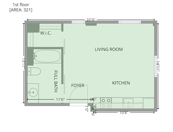 A floor plan of a 1st floor apartment with a living room, kitchen, foyer, and full bath.