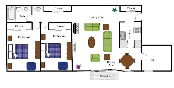 A floor plan of a house with two bedrooms, a living room, a dining area, a kitchen, a bathroom, and a balcony.