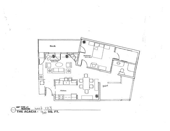 A floor plan of a unit labeled "THE AGACIA" with a deck and a kitchen.