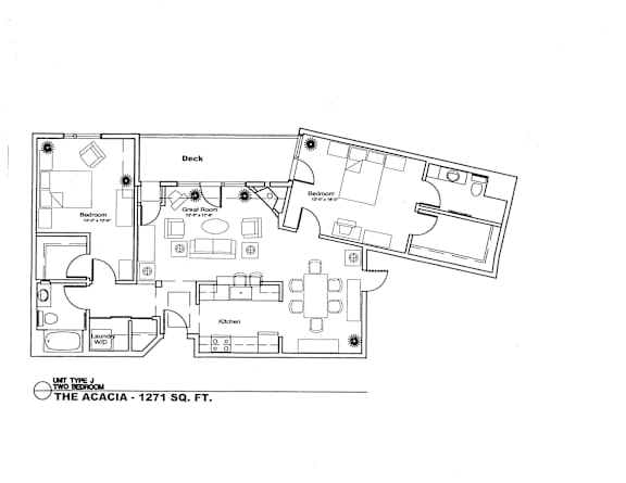 A floor plan of a property with rooms labeled, including a deck.