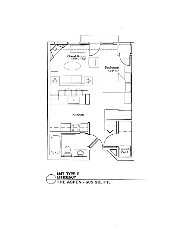 A drawing of a floor plan for a unit type E efficiency apartment.